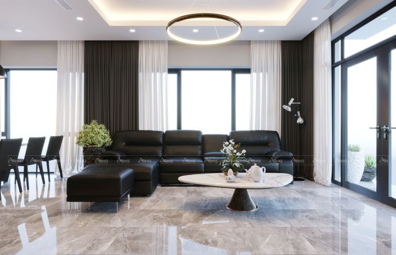 Bộ sofa bọc da đen huyền bí với đường nét đơn giản tạo sự đẳng cấp cho căn phòng