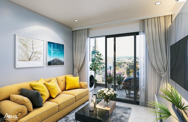 Bộ sofa màu vàng chính là điểm nhấn nổi bật trong căn hộ