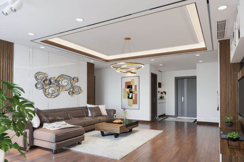 Thiết kế nội thất phòng khách hiện đại với tông nâu chủ đạo hợp với gia chủ mệnh Thổ.