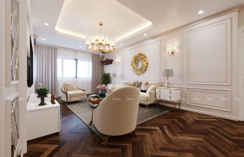 Việc kết hợp giữ sàn gỗ tối màu và đồ nội thất sáng màu trung hòa sắc thái cho căn phòng